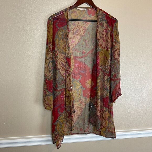 Soft Surroundings Fall Color Sz S M Kimono Crinkle Open Front Paisley Sequin Top - Picture 2 of 12